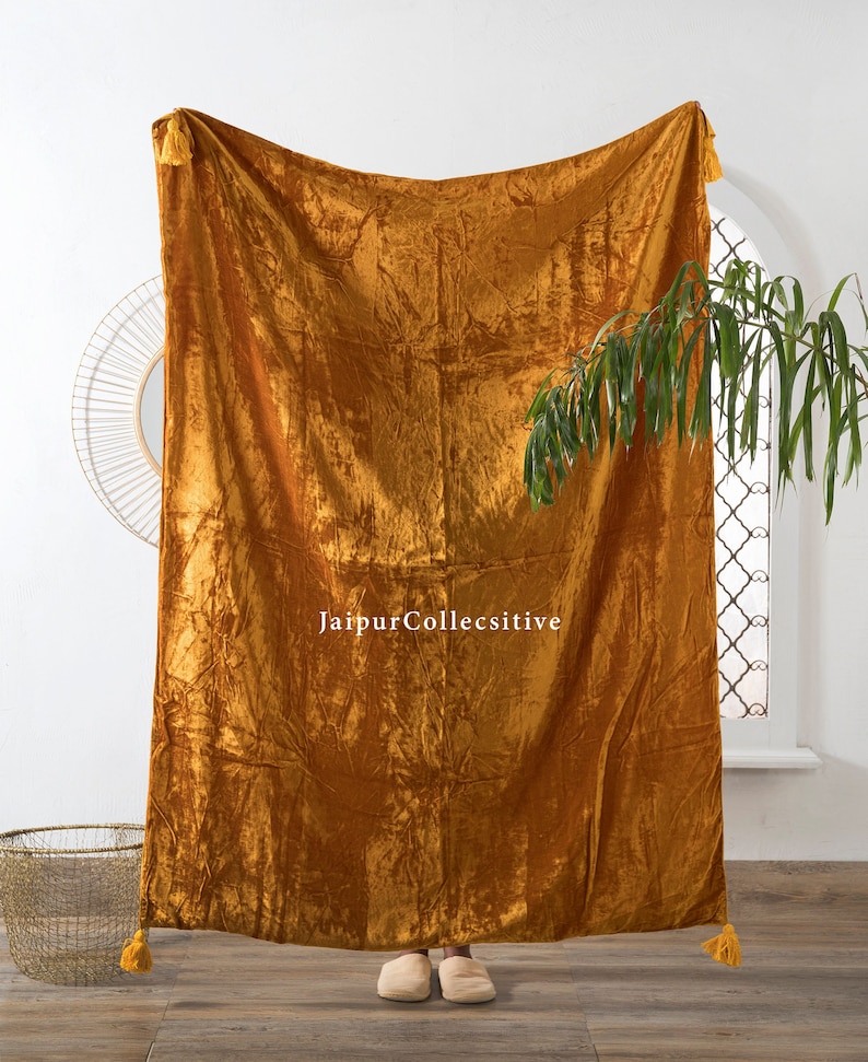 Luxury Crushed Gold Velvet Throw Blanket With Tassels Soft Etsy