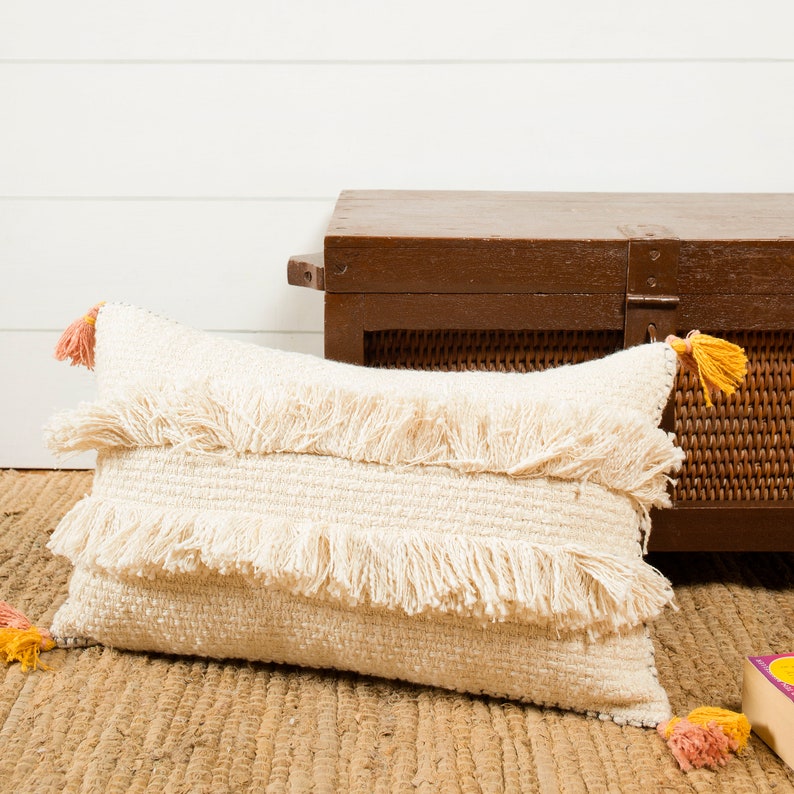 Cream Color Tassel Cotton Pillow Cover Indian Boho Lumbar Etsy