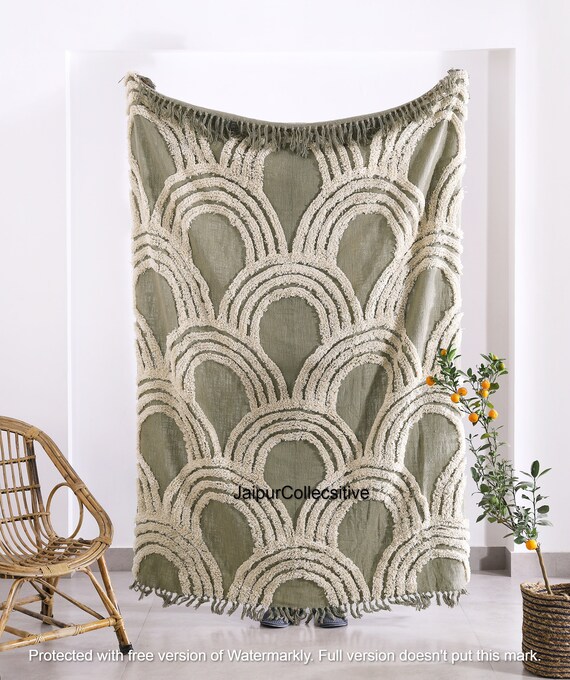 Sage Green Tufted Throw Bohemian Cotton Blanket With Tassels