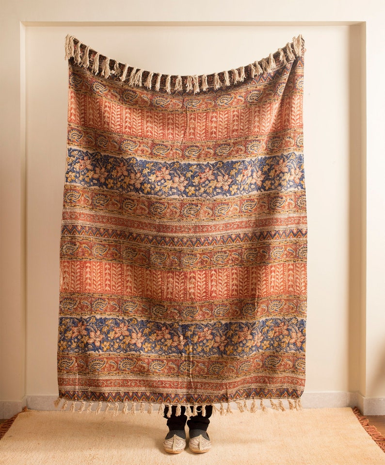 Bohemian Mud Cloth Throw Blanket with Tassels Hand Loomed Block Print Cotton Sofa Throw for Living Room 120X180 Cms image 1