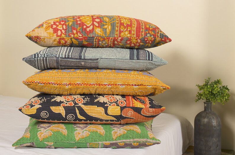 Set of 5 Pillow Vintage Kantha Pillow Covers Indian Bohemian Etsy