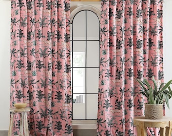 Pastel Pink Jungle Tiger Printed Velvet Curtains, Custom Window Curtain, Boho Curtain for Bedroom Room, Luxury Home Velvet Wide Drapes Panel