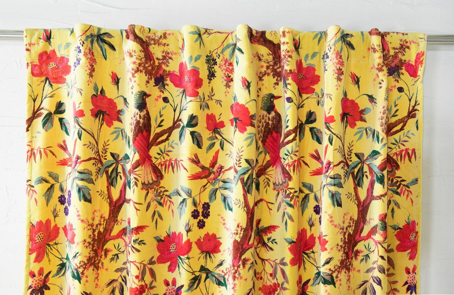 Yellow Bird Printed Velvet Curtains Custom Window Curtain Etsy
