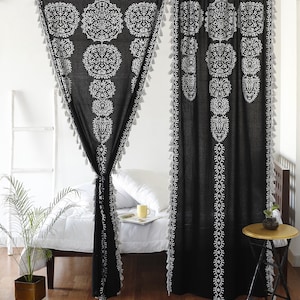 Black Mandala Bohemian Hippie Window Doorway Curtains Tapestry Indian Drape Valance Room Divider Sheer Wall Hanging With Pom Pom Tassel Lace
