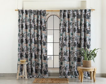 Gray Jungle Tiger Printed Velvet Curtains, Custom Window Curtain, Boho Curtains for Bedroom Room, Luxury Home Velvet Wide Drapes Panel