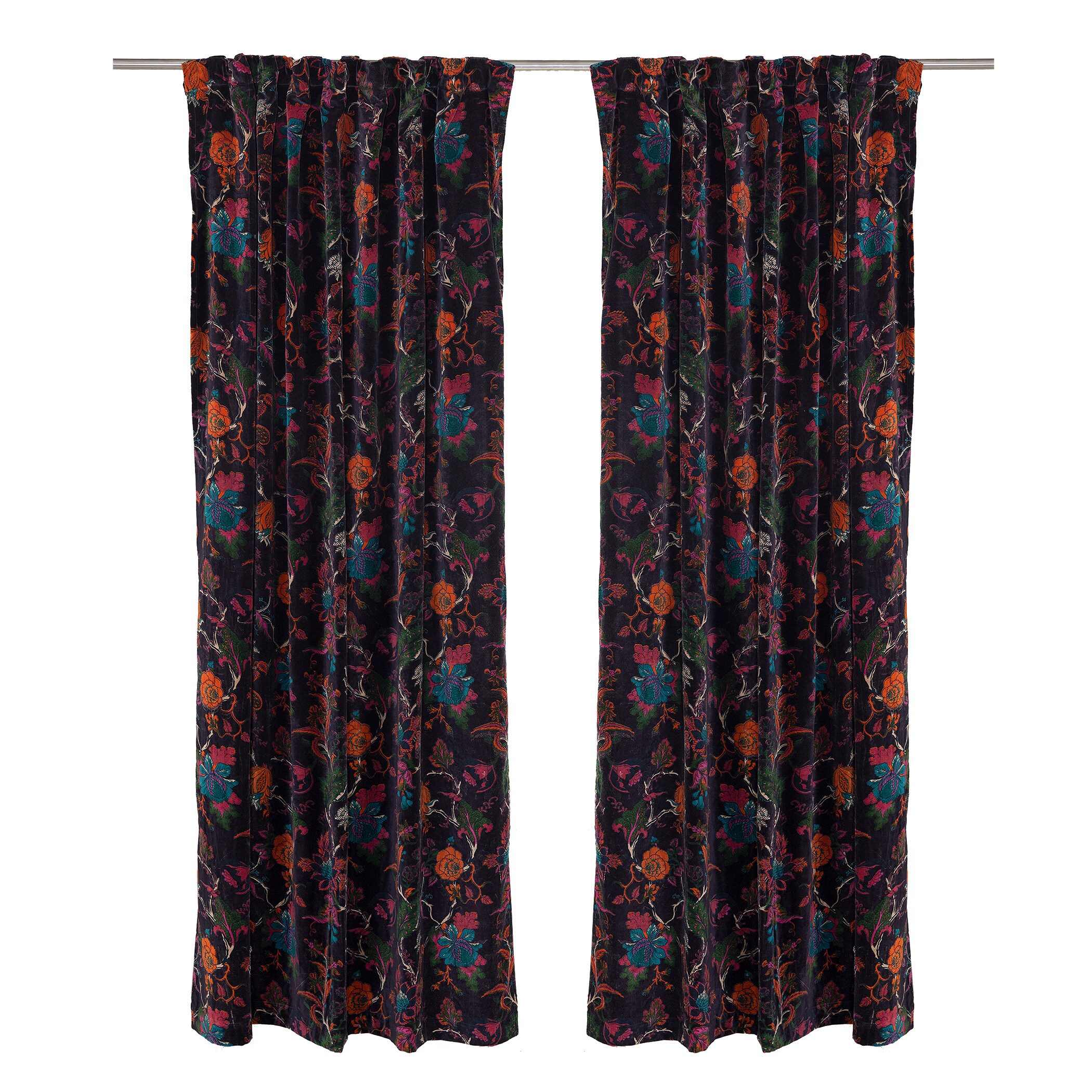 Black Floral Velvet Curtains Custom Window Curtain Panels Etsy