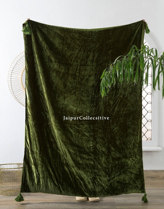 Luxury Crushed Moss Green Velvet Throw Blanket With Tassels Soft Velvet  Boho Sofa Throw for Living Room 120X180 Cms UO Christmas Gift 