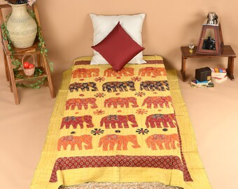 Twin Baby Crib Patchwork Elephant Applique Kantha Quilt Quilted , Bedspread , Throws, Ralli,Gudari , Handmade Tapestry Bedding Blanket
