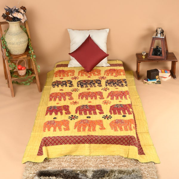 Twin bébé lit patchwork éléphant applique Kantha couette matelassé, couvre-lit, jette, Ralli, Gudari, tapisserie à la main literie couverture