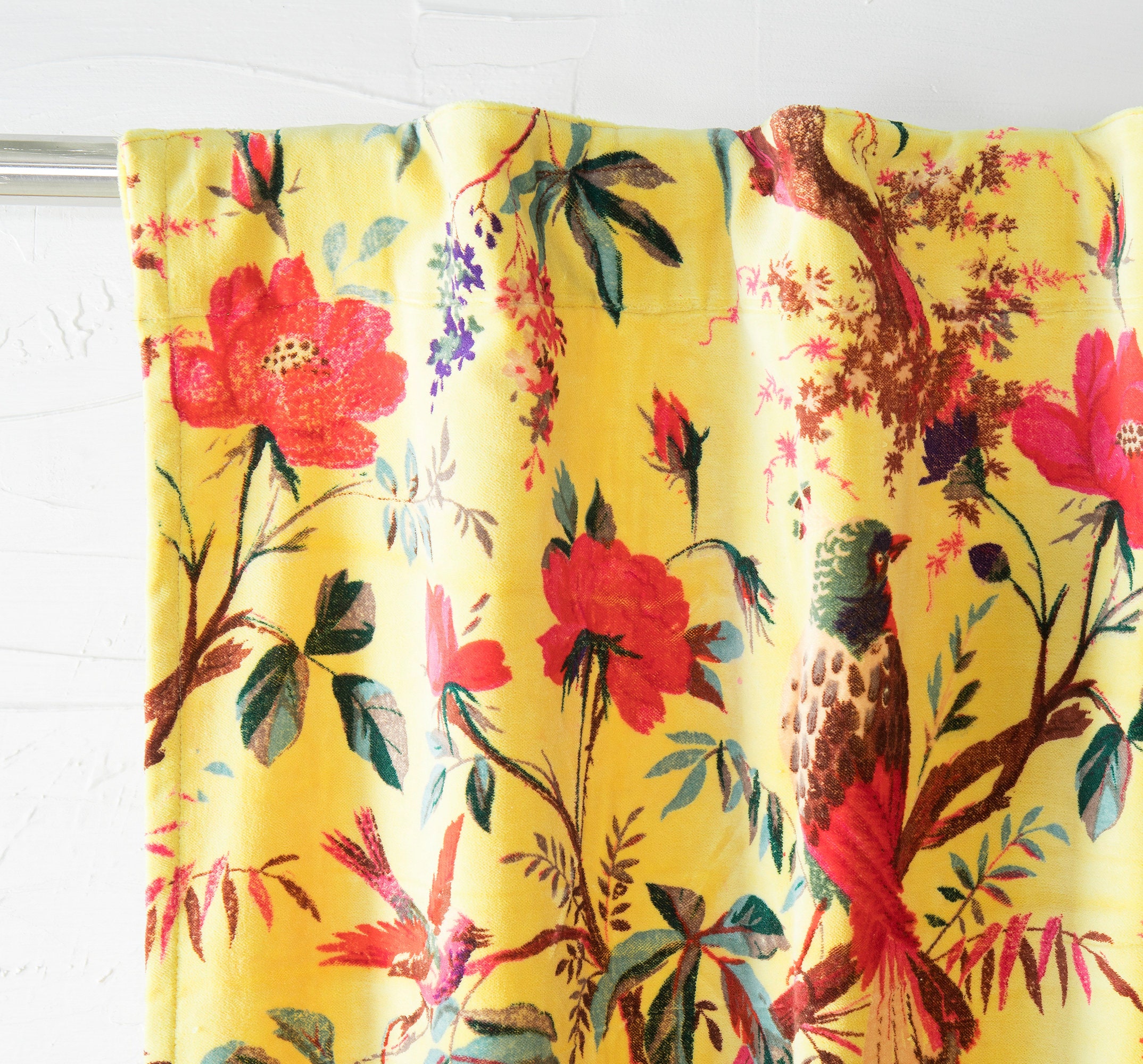 Yellow Bird Printed Velvet Curtains Custom Window Curtain Etsy