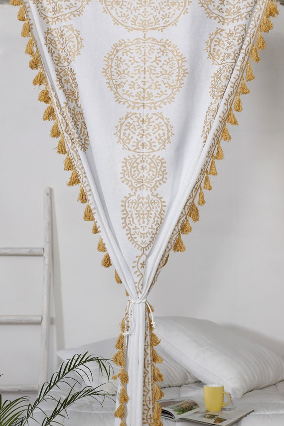 White Gold Mandala Medallion Moroccan Window Curtains Tapestry