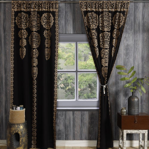 Black Gold Mandala Medallion Moroccan Window Curtains Black Gold Mandala Medallion Moroccan, Black White Gold Curtains