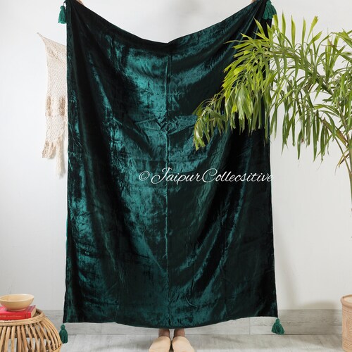 Luxury Crushed Green Velvet Throw Blanket With Tassels Soft Etsy
