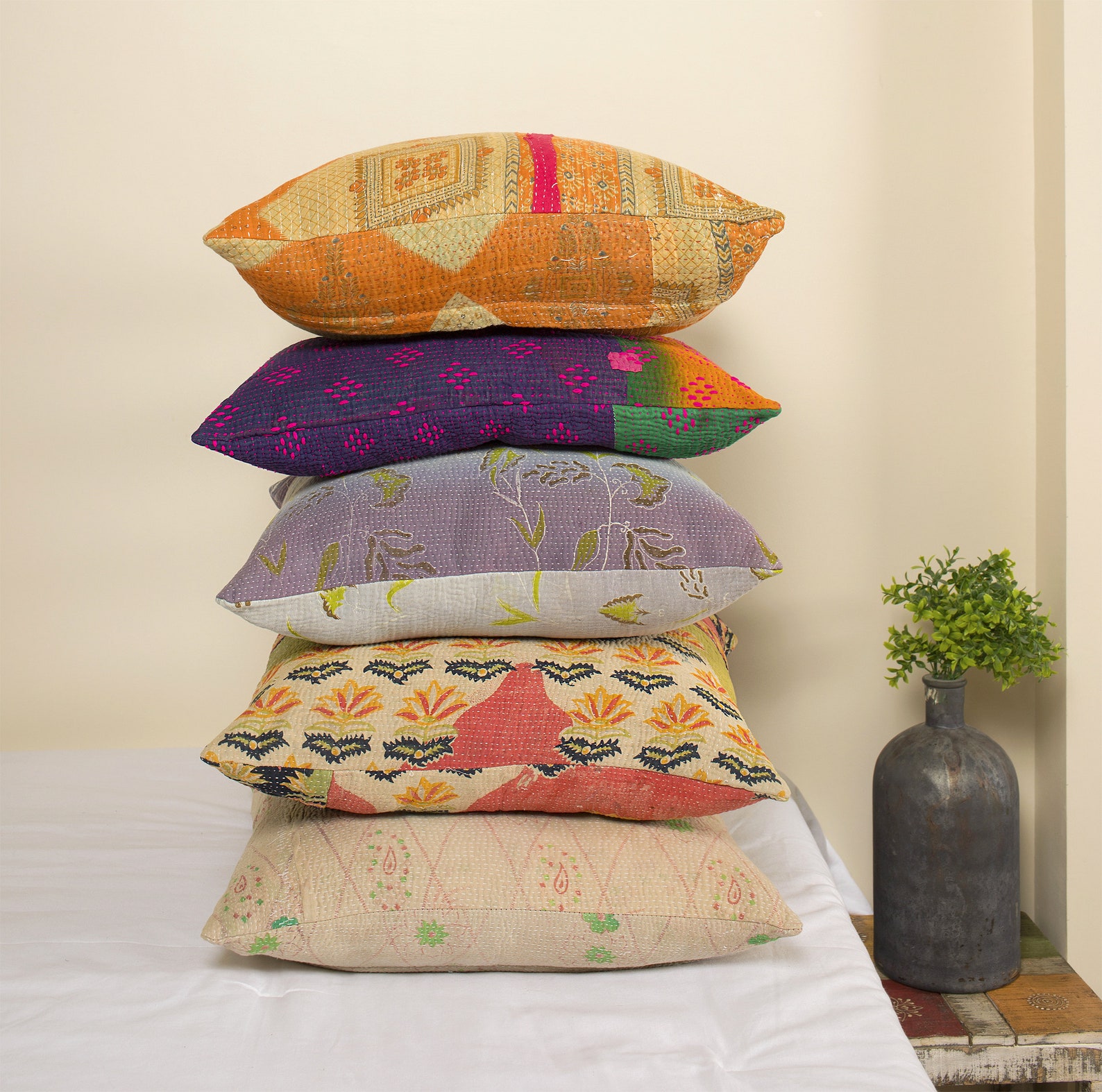 Set of 5 Pillow Vintage Kantha Pillow Covers Indian Bohemian Etsy