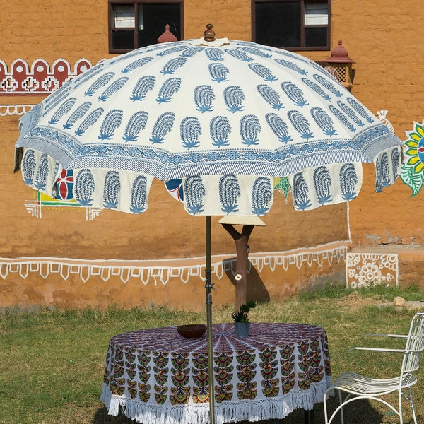 Mughal Garden Umbrella, Indian Floral Patio Parasol, Block Printed Large Umbrella,Beach Cafe Outdoor Umbrella,White Sun Shade Patio Umbrella