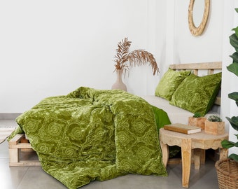 3Pc Green Burnout Velvet Duvet Cover, Boho Bedding UO Comforter Bedding Donna Cover, Queen Soft Luxury Duvet Set, Damask Velvet Bedding Set