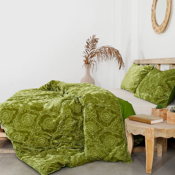 3Pc Green Burnout Velvet Housse de couette, Boho Bedding UO Comforter Bedding Donna Cover, Queen Soft Luxury Housse de couette, Damask Velvet Bedding Set