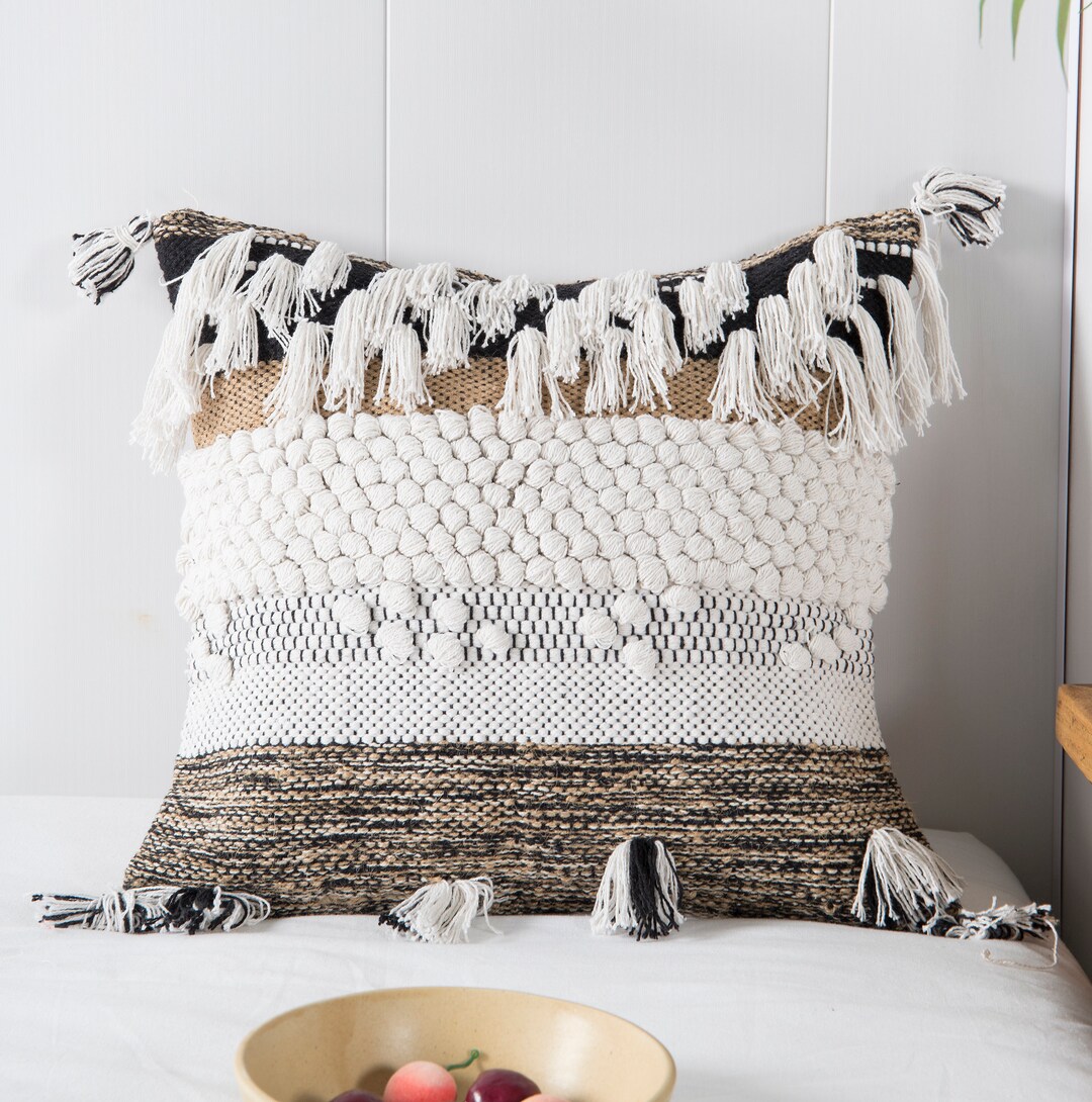 Bohemian Pillow Cover ,woven Pillow Cover ,textured Throw Pillow Black, White and Tan Ochre