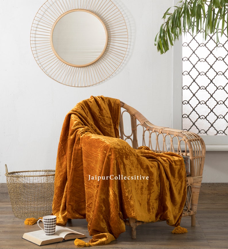 Luxury Crushed Gold Velvet Throw Blanket With Tassels Soft Etsy