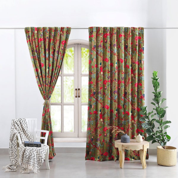 Velvet Curtains, Custom Window Curtain Panels, Curtains for Living Room, Curtain Panels, Green Bird Print Curtains, Dining Room Curtains