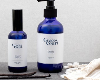 Organic Creamy Vanilla Hand Soap 100ml & 250ml in Blue Glass Bottle