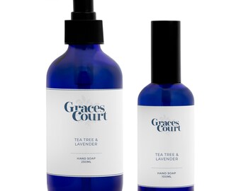 Organic Tea Tree and Lavender Hand Soap 100ml & 250ml in Blue Glass Bottle