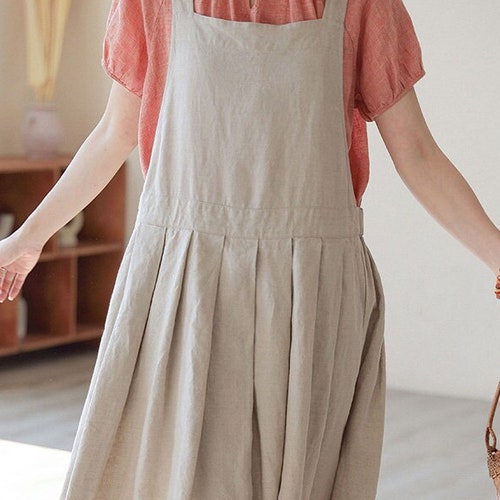 Natural Linen strap dress, Linen pinafore dress, linen jumper dress, Linen apron dress, Linen dress for Women, Plus size Clothing F21