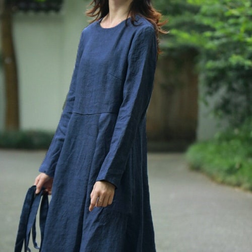 Linen Midi Dress 100% Linen A Line Dress Long Sleeve Dress - Etsy