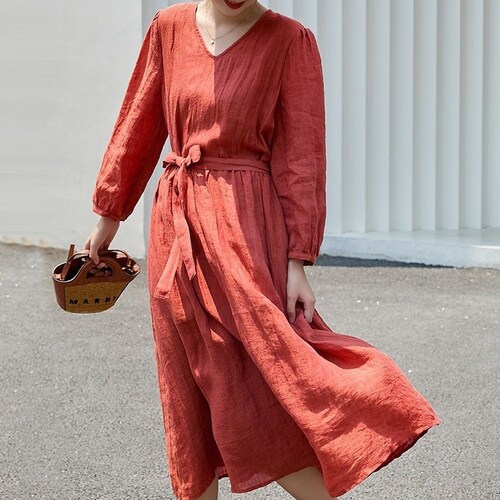 Linen Dress Puffy sleeves Dress for Women Linen Maxi dress plus size custom  dress loose casual