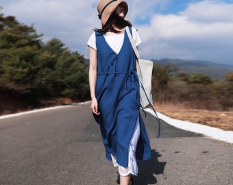 Linen Vest Dress Long Linen Tank Dress Sleeveless Linen Dress Linen Vest Linen Wrap Dress Belt Linen Dress Plus Size Linen Clothing F228
