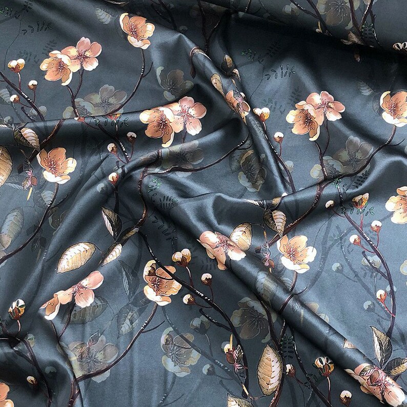 Peach Blossom Silk Satin Fabric Printed Silk by the Yard Silk Etsy
