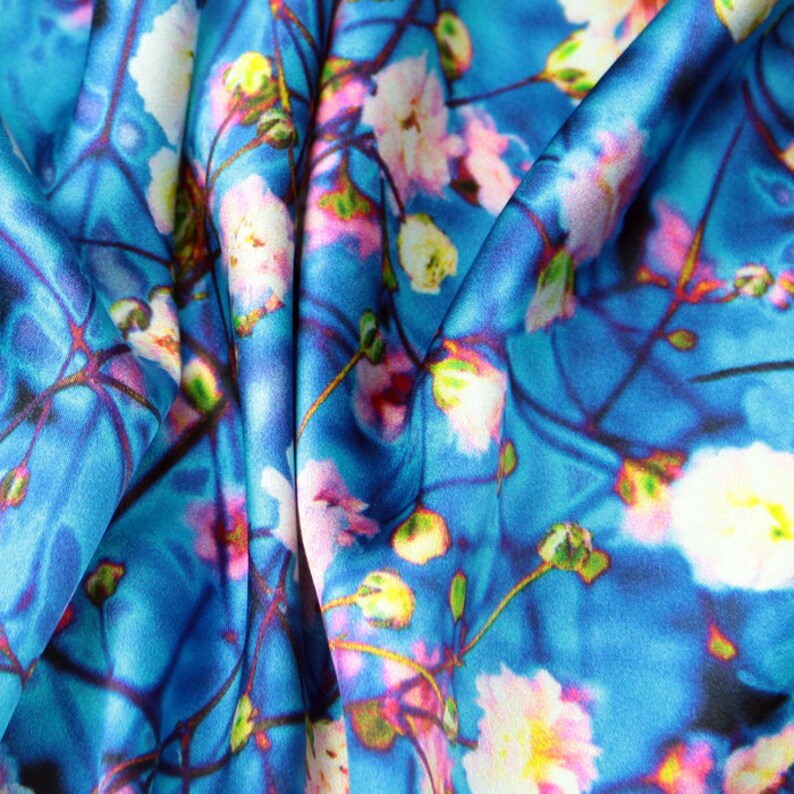 Blue floral fabric Stretch Silk Satin fabric Mulberry silk Etsy