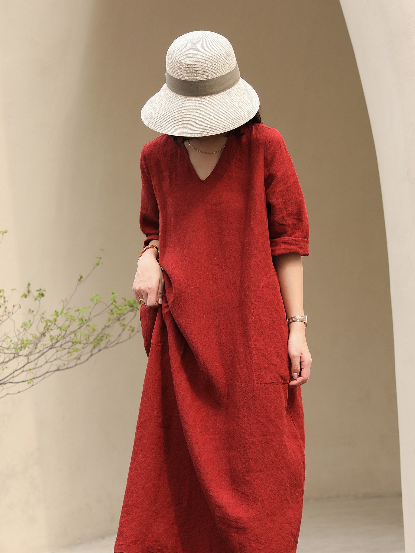 Women Dress Linen Caftan Dress V Neck Linen Tunic Dress With - Etsy