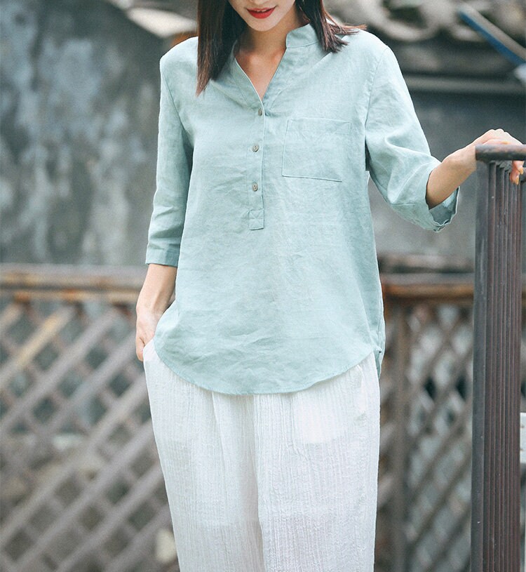 Linen Tops Blouses Summer Shirt Linen Top With 3/4 Sleeve - Etsy
