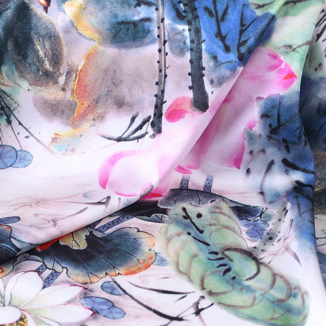 Lotus bloom silk fabric by the yard satin silk fabric digital Etsy