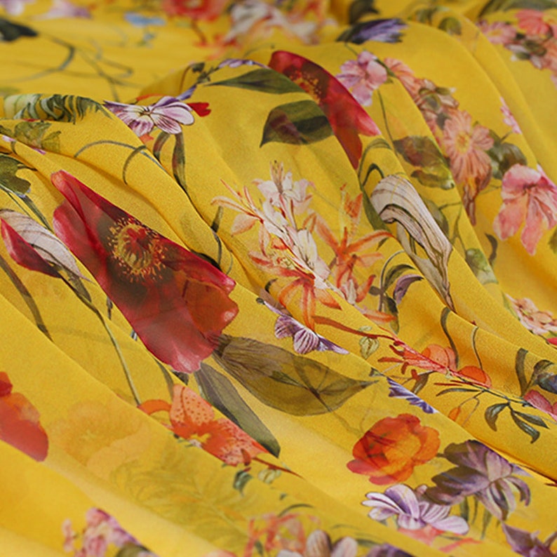 Flowers Blossom In Spring Silk Crepe De Chine Fabric By The Yard Width 45 Inch G124