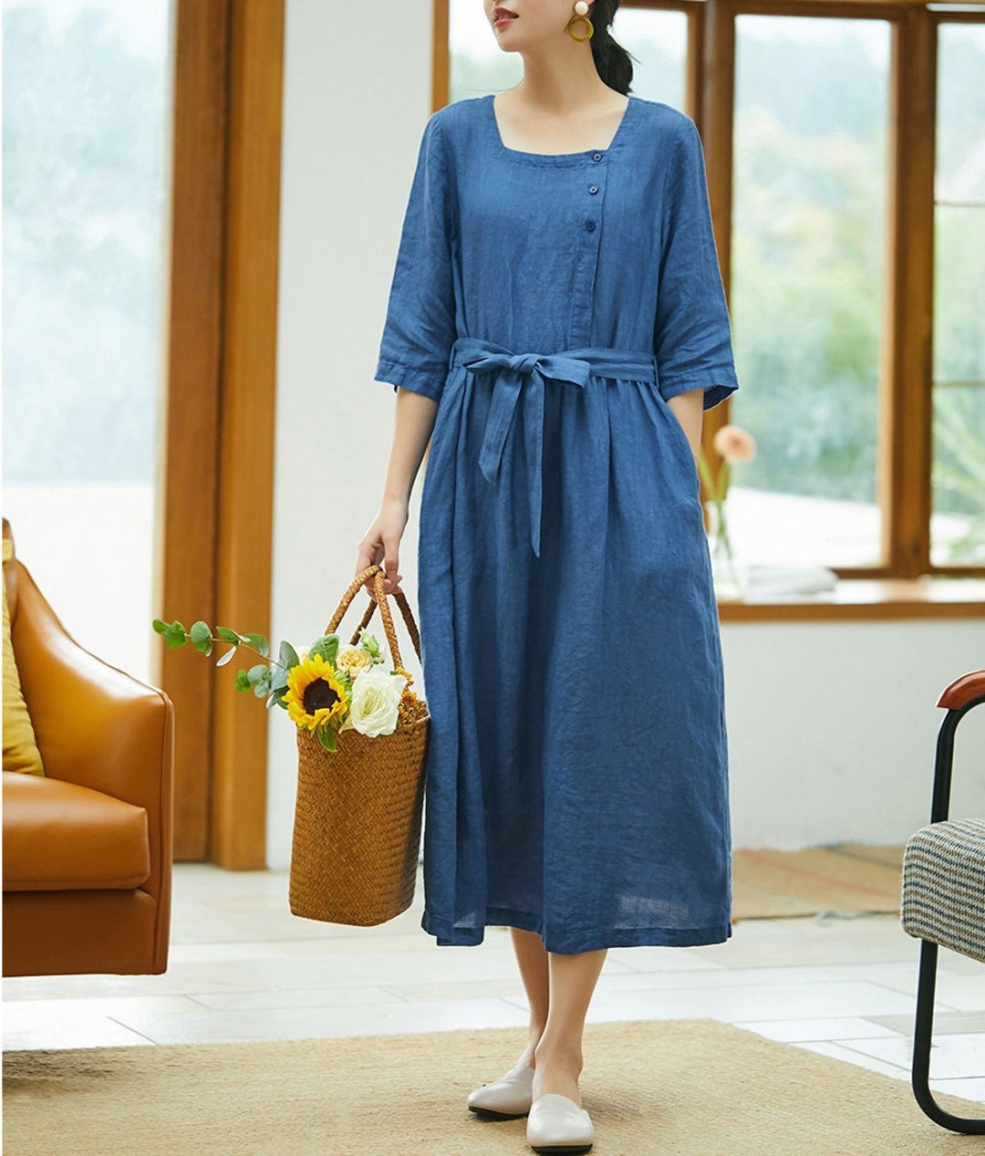 Midi Linen Dress Washed Linen Dress 100% Linenshort Sleeves - Etsy