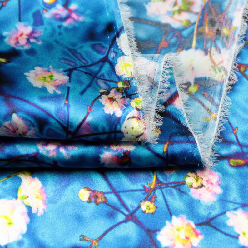 Blue floral fabric Stretch Silk Satin fabric Mulberry silk Etsy