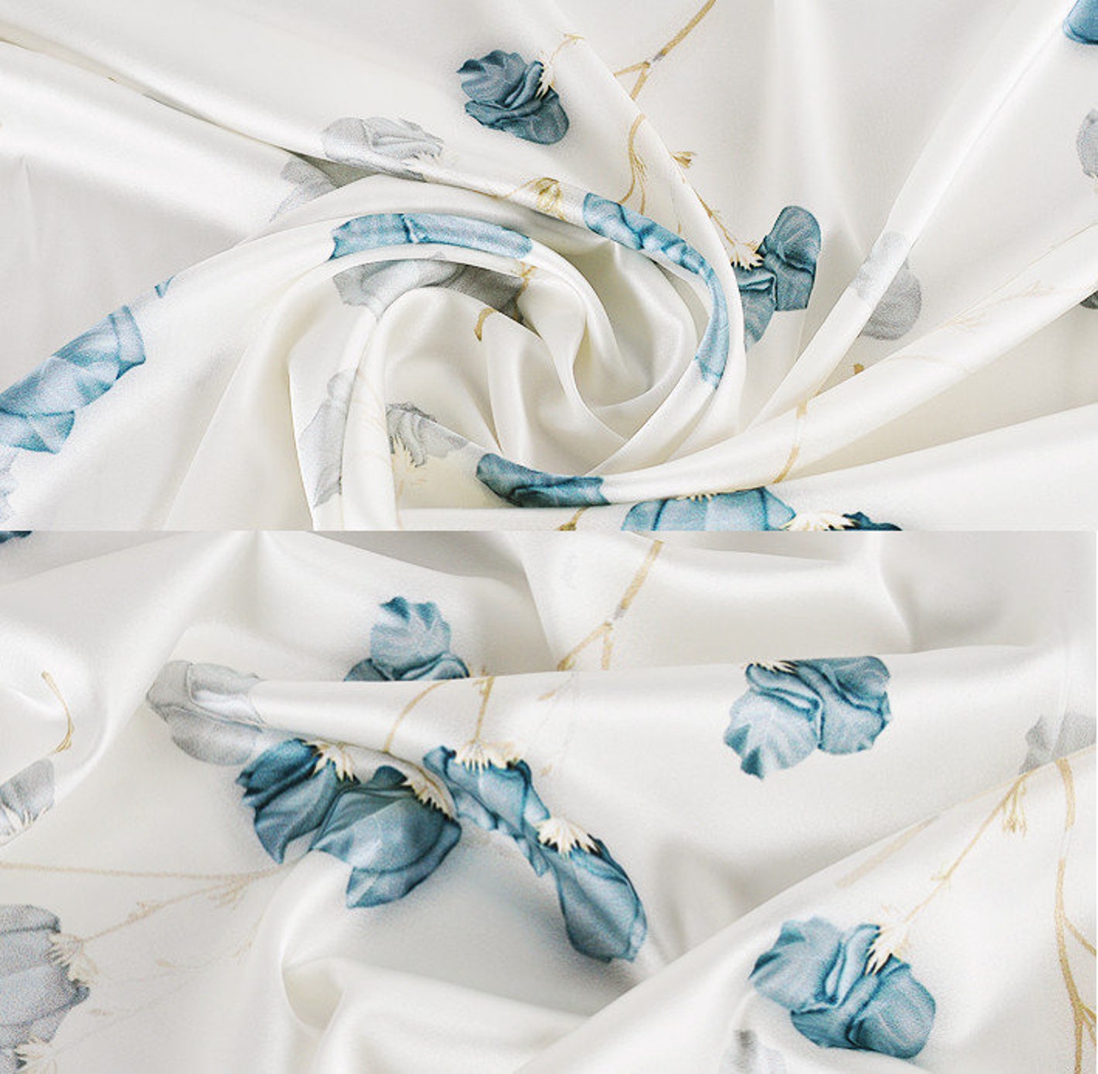 Light Blue Petals Light White Stretch Silk Satin fabric by the Etsy