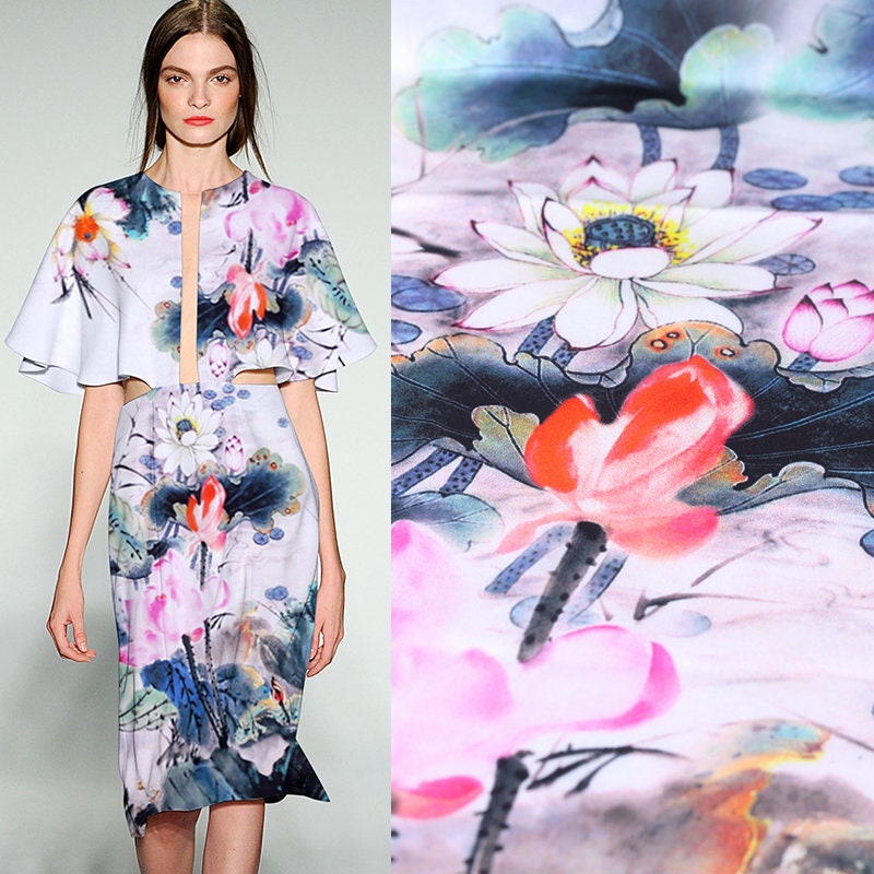 Lotus bloom silk fabric by the yard satin silk fabric digital Etsy