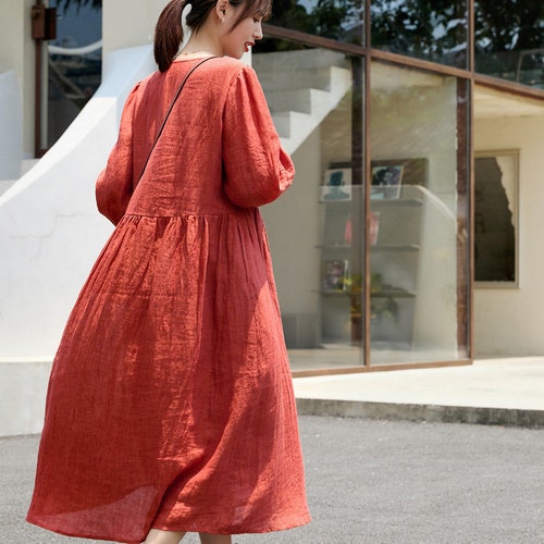 Linen Dress Puffy sleeves Dress for Women Linen Maxi dress plus size custom  dress loose casual