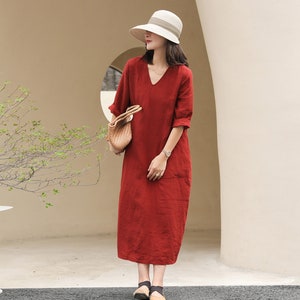 Women Dress Linen Caftan Dress V Neck Linen Tunic Dress With Pockets ...