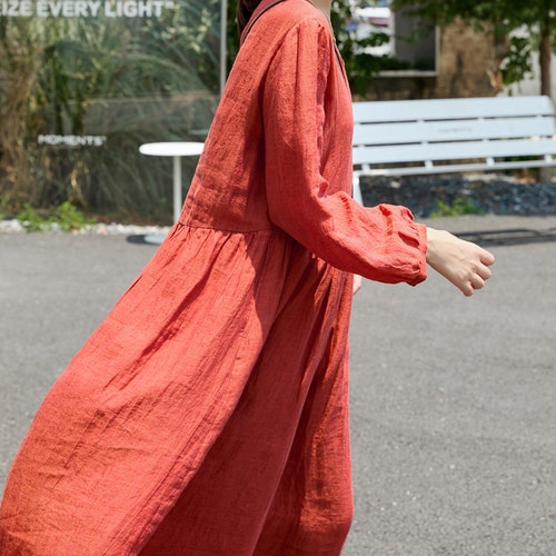 Linen Dress Puffy sleeves Dress for Women Linen Maxi dress plus size custom  dress loose casual