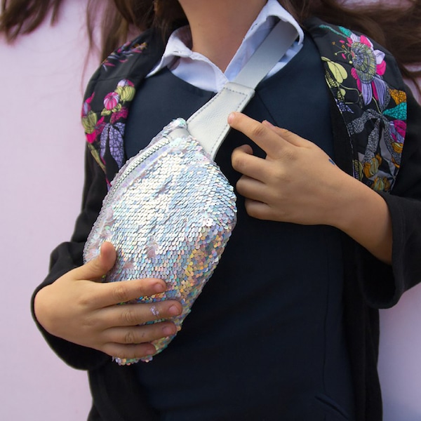 Sparkly Reversible Sequin Waist Bag, Silver Fanny pack, Hip Pouch, pocket belt, money belt, girls belt bag,  Gift for Her, bum bag
