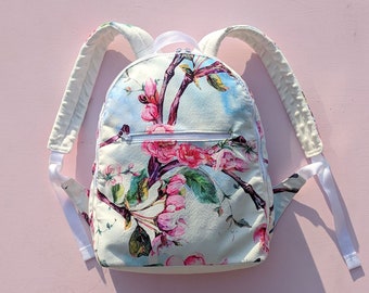 Canvas girl white pink backpack, sakura print school backpack, Hippie backpack, Bohemian print, Bright Backpack for Women, Hipster Backpack