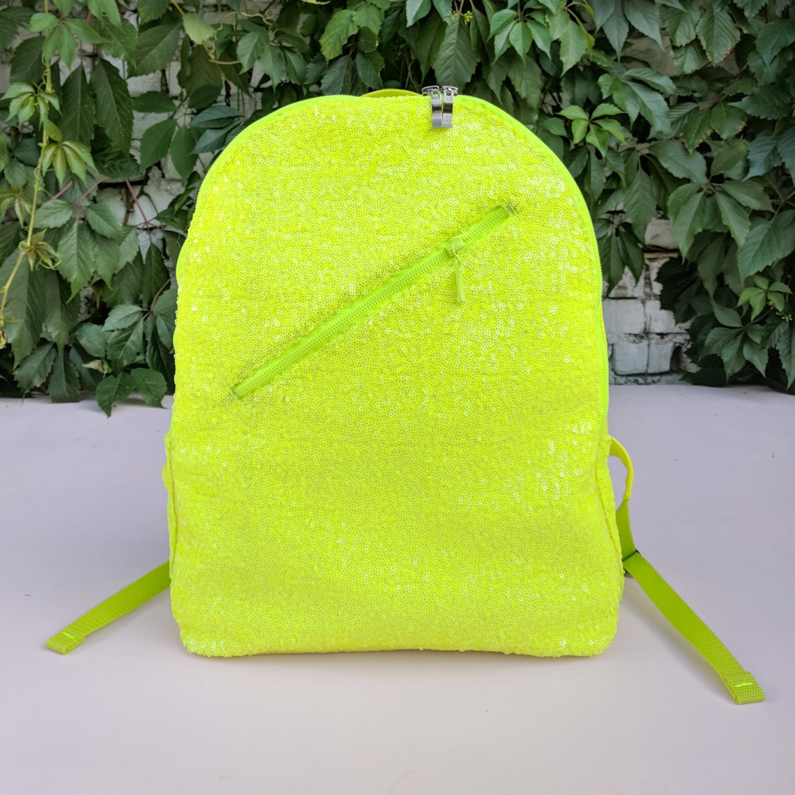 Sequin Neon Yellow Backpack for women City Backpack School Etsy