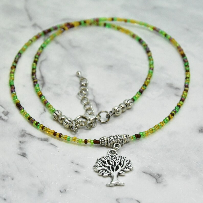 Nature Necklace Tree Charm Necklace with Multi-coloured Green Seed Beads