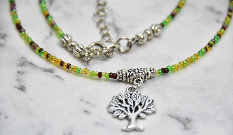 Nature Necklace Tree Charm Necklace with Multi-coloured Green Seed Beads