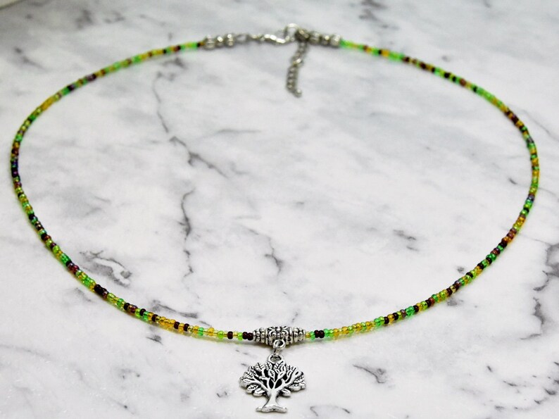 Nature Necklace Tree Charm Necklace with Multi-coloured Green Seed Beads