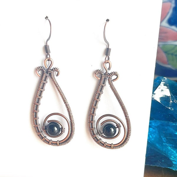 Copper wire weave Black Onyx teardrop dangle earrings